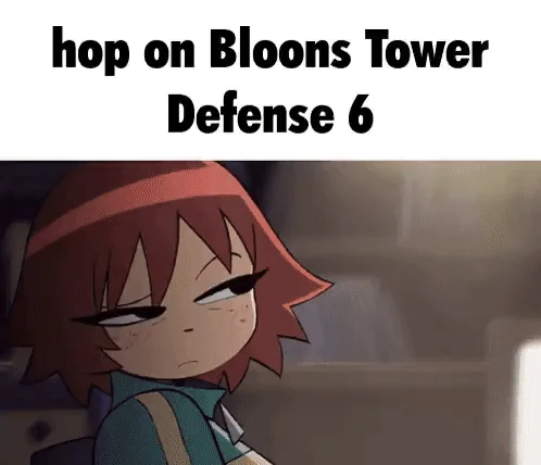 Scott Pilgrim Yuri — GIF of Roxie Richter with 'hop on Bloons Tower Defense 6' caption