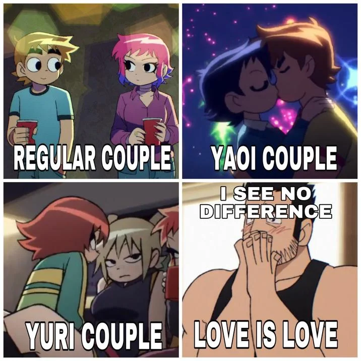 Scott Pilgrim Yuri — Four-panel meme showing regular, yaoi, and yuri couples with 'love is love' punchline