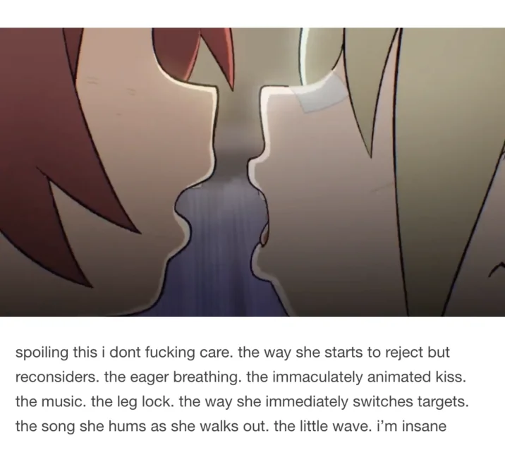 Scott Pilgrim Yuri — Closeup of two animated characters about to kiss with Tumblr commentary beneath