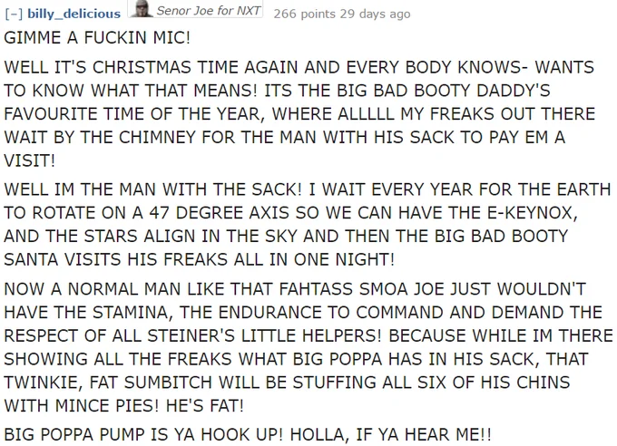Reddit comment parodying Scott Steiner with a Christmas-themed rant