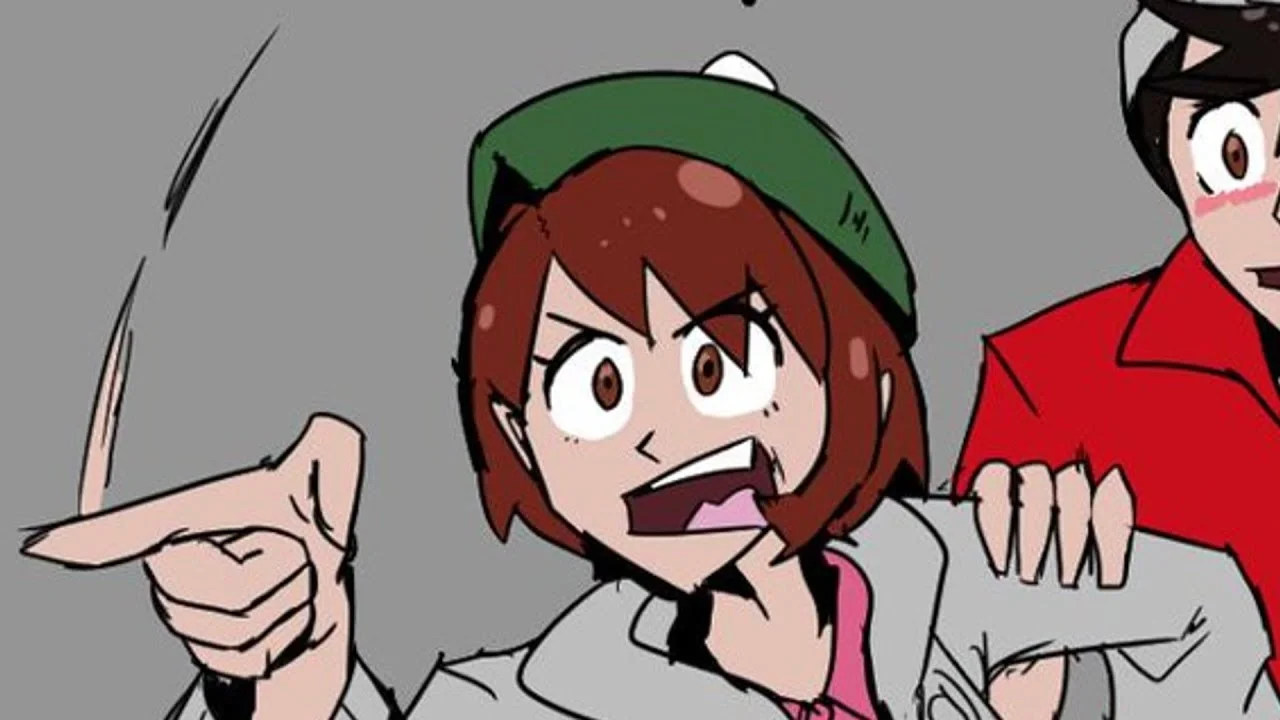 Scottish Pokémon Trainer — Angry female Pokemon Sword and Shield trainer pointing and yelling at a startled boy in a red shirt.