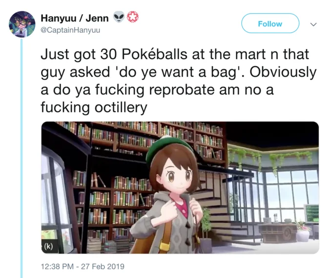 Scottish Pokémon Trainer — Tweet by @CaptainHanyuu with Scottish slang caption over an in-game screenshot of the female Sword and Shield trainer.
