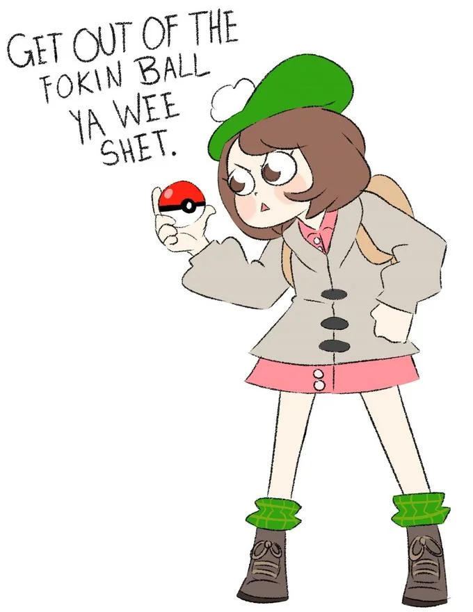 Scottish Pokémon Trainer — Cartoon Pokemon trainer holding a Pokeball with Scottish-slang speech about getting out of the ball.