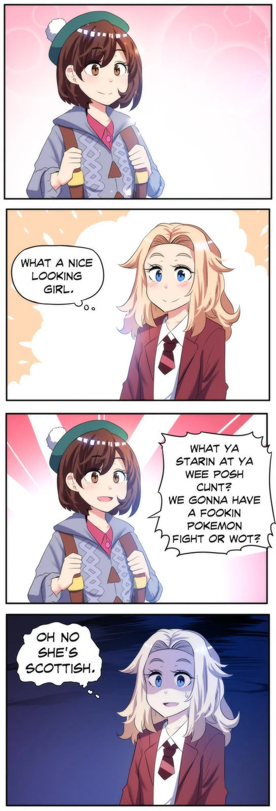 Scottish Pokémon Trainer — Four-panel fan comic revealing the Pokemon trainer as an aggressive Scot to a shocked posh rival.