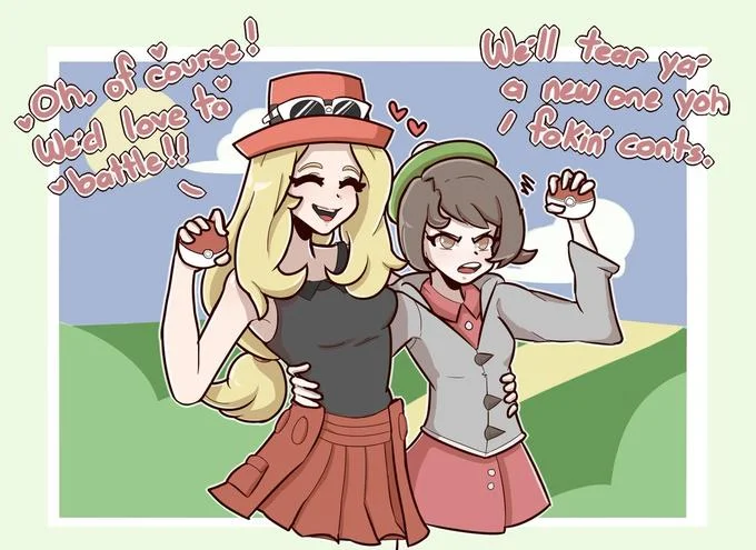 Scottish Pokémon Trainer — Two Pokemon trainers with speech bubbles — a polite blonde and an aggressive Scottish brunette.