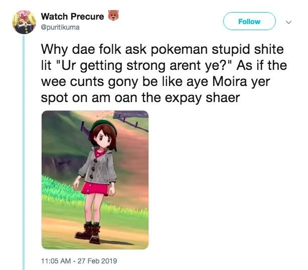 Scottish Pokémon Trainer — Tweet by @puritikuma with Scottish slang caption over the Pokemon Sword and Shield female trainer.