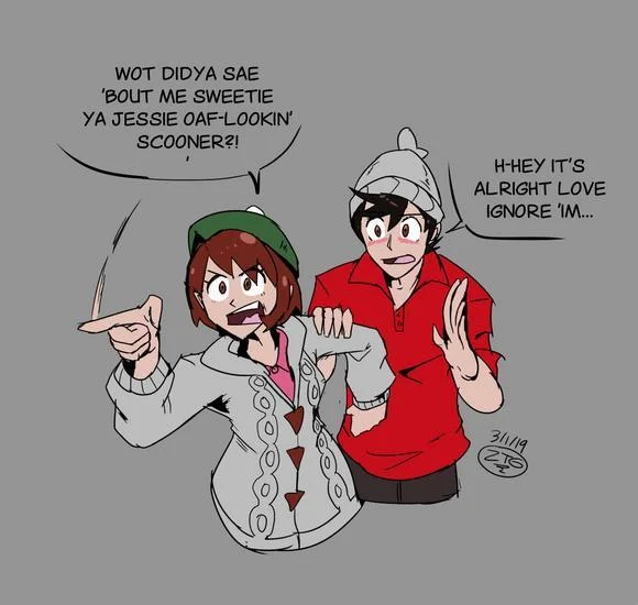 Scottish Pokémon Trainer — Angry Scottish Pokemon trainer confronting a nervous boy in a red shirt.
