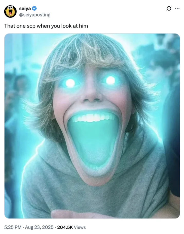Scp 067 — A "photoshop":https://knowyourmeme.com/memes/sites/photoshop edit of the "67 Kid":https://knowyourmeme.com/memes/67-kid in which he has glowing blue