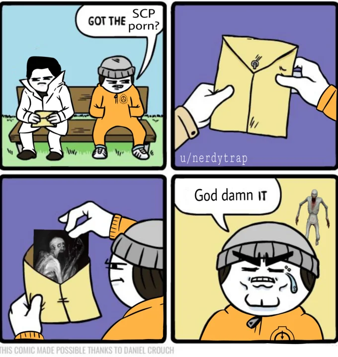Scp 096 — Comic strip meme showing SCP Foundation personnel discussing 'SCP porn' with SCP-096 appearing in the final panel.