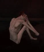 Scp 096 — Dark-lit scene showing SCP-096 in a crouched position, capturing the creature in an aggressive or distressed state.