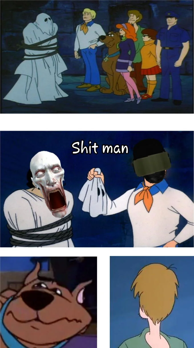 Scp 096 — Multi-panel cartoon collage meme showing various characters including SCP-096 with reaction text.