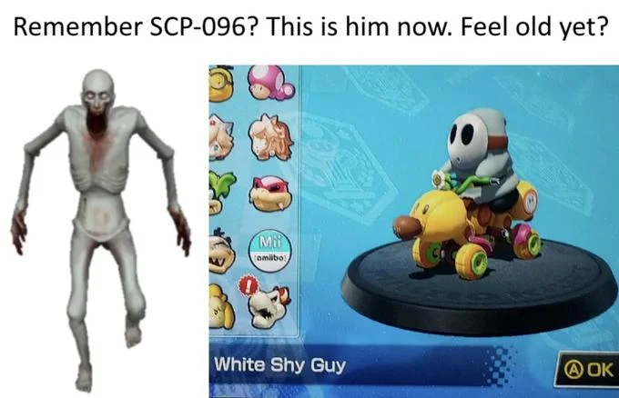 Scp 096 — Nostalgia meme displaying 'Remember SCP-096? This is him now' comparing original model to cosmetic item.