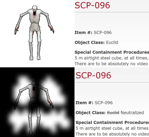 Scp 096 — Screenshots from SCP Foundation wiki showing the official entry for SCP-096 with containment class information.