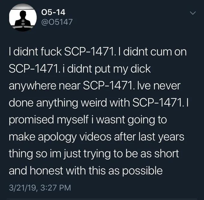 Tweet from O5147 denying any inappropriate acts involving SCP-1471