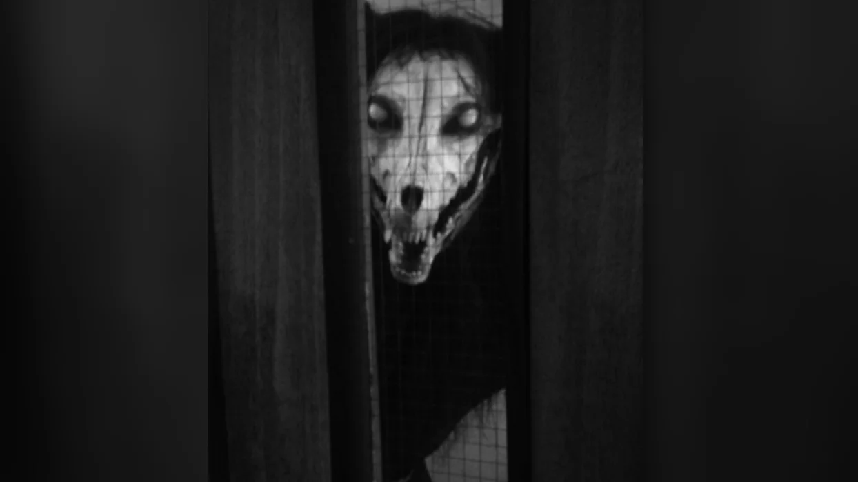 SCP-1471 creature with canine skull face and white eyes seen through a wire mesh glass door