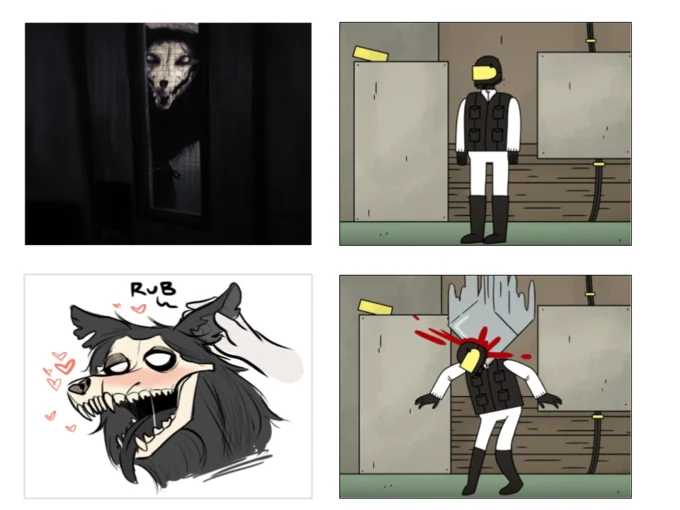 Four panel collage mixing cute SCP-1471 fan art with a comic of a guard being killed