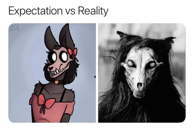 Expectation vs Reality meme comparing cute SCP-1471 fan art with the real creepy photo