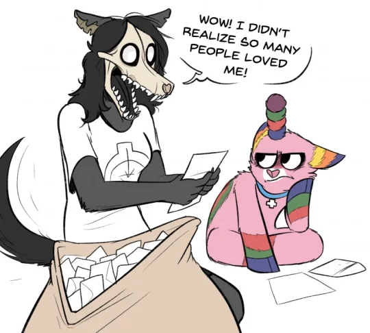 Cartoon of SCP-1471 reading fan mail beside SCP-999 saying people love her
