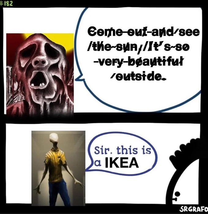 SCP Foundation Memes — A comic-style meme page showing an SCP creature with dialogue about enjoying the outside, then encountering an IKEA humanoid with