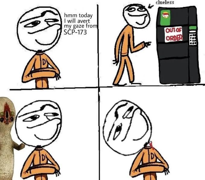 SCP Foundation Memes — A four-panel comic meme showing an SCP scientist planning to avert eyes from SCP-173, attempting to hide by looking at a refrigerator