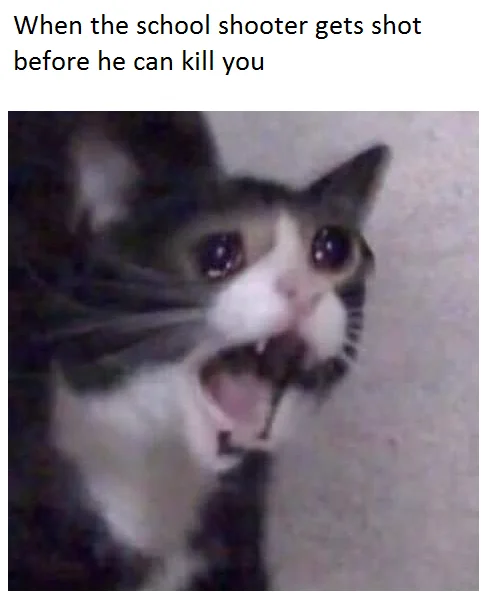 Screaming cat meme with dark-humor top text about a school shooting scenario.