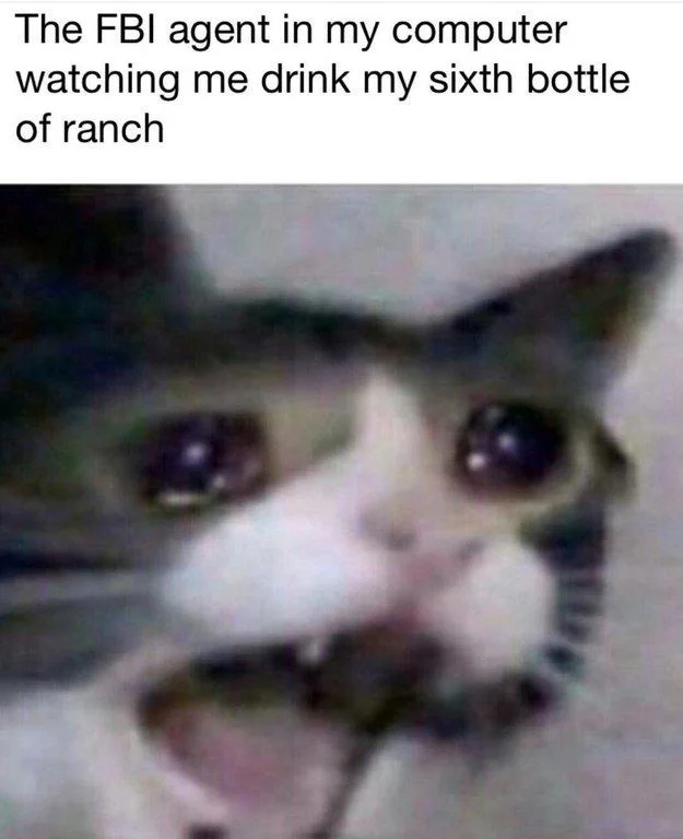 Screaming cat meme with top text about an FBI agent watching someone drink their sixth bottle of ranch dressing.