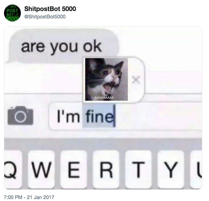 Tweet by ShitpostBot 5000 showing a text message with the screaming cat labeled 'AAAAAAAA' and the reply 'I'm fine'.