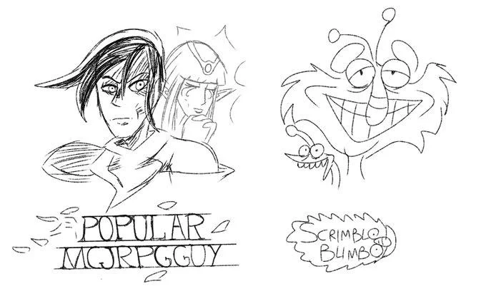 Scrimblo Bimblo — Sketch comparison of McJRPGGuy anime hero versus goofy Scrimblo Bimbo cartoon creature