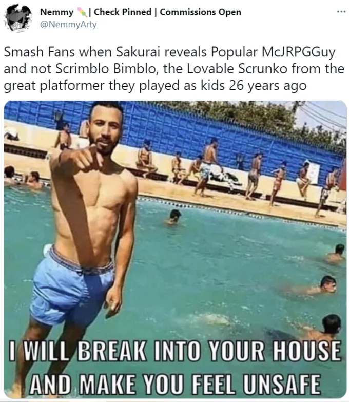 Tweet from NemmyArty combining Scrimblo Bimblo joke with the pool break-in meme