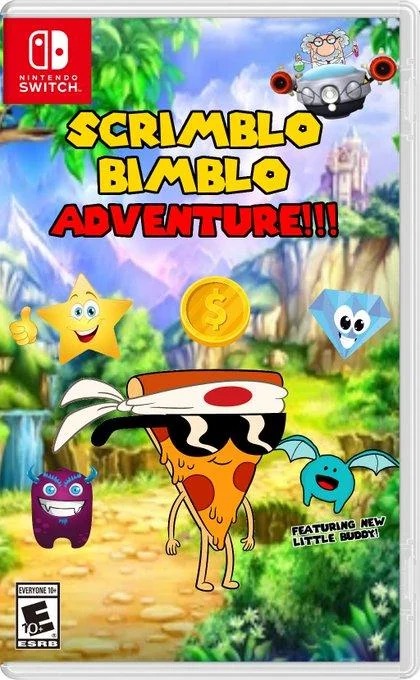 Fake Nintendo Switch box art for Scrimblo Bimblo Adventure with a pizza slice mascot