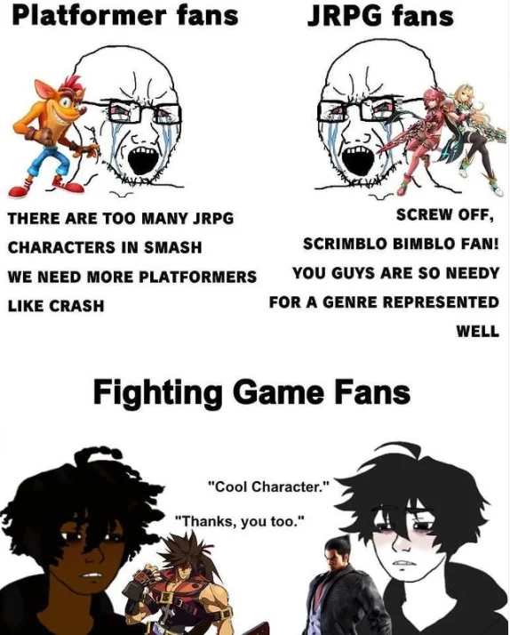Wojak meme comparing Platformer, JRPG and Fighting Game fans referencing Scrimblo Bimblo