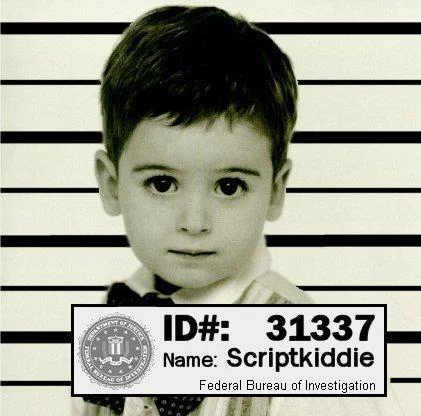 Script Kiddie — FBI mugshot meme of a small child labeled Scriptkiddie with leet ID 31337.