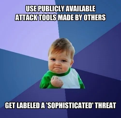 Success Kid meme joking about script kiddies being labeled a sophisticated threat.