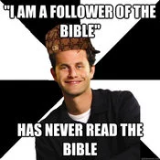 A classic Scumbag Christian meme featuring the iconic character highlighting the contrast between professed faith commitment and actual biblical knowledge.
