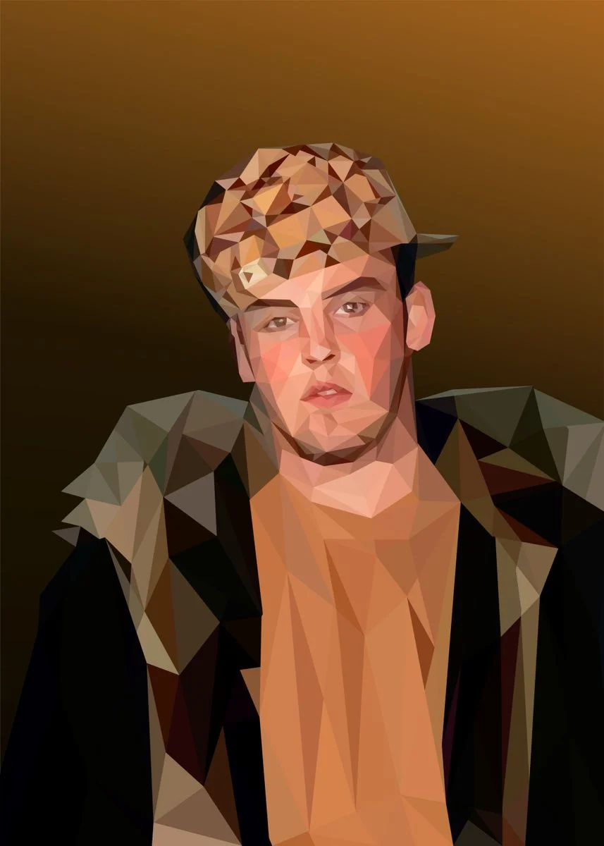 A low-poly or abstract art style rendering of the Scumbag Steve character in brown and orange tones, capturing the cap, gold chain, and layered jacket.