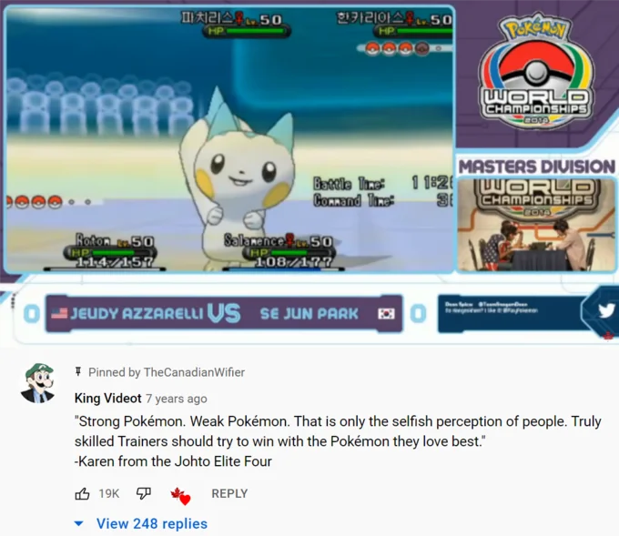 Se Jun Parks Pachirisu — YouTube screenshot of Se Jun Park vs Jeudy Azzarelli 2014 finals with Karen quote comment