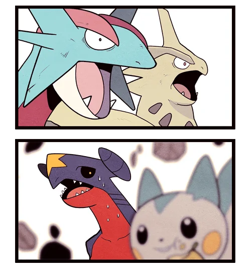 Se Jun Parks Pachirisu — Two-panel comic of Salamence reacting and Garchomp crying next to Pachirisu