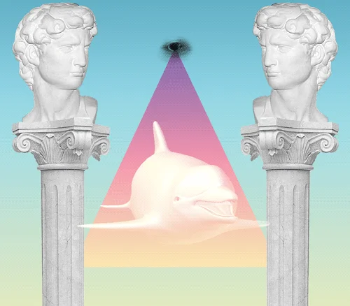 Seapunk — Two David busts on columns framing a pink triangle with a glowing dolphin inside