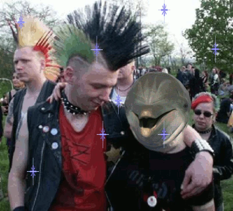 Seapunk — Punks with mohawks, one with a dolphin head, surrounded by sparkles