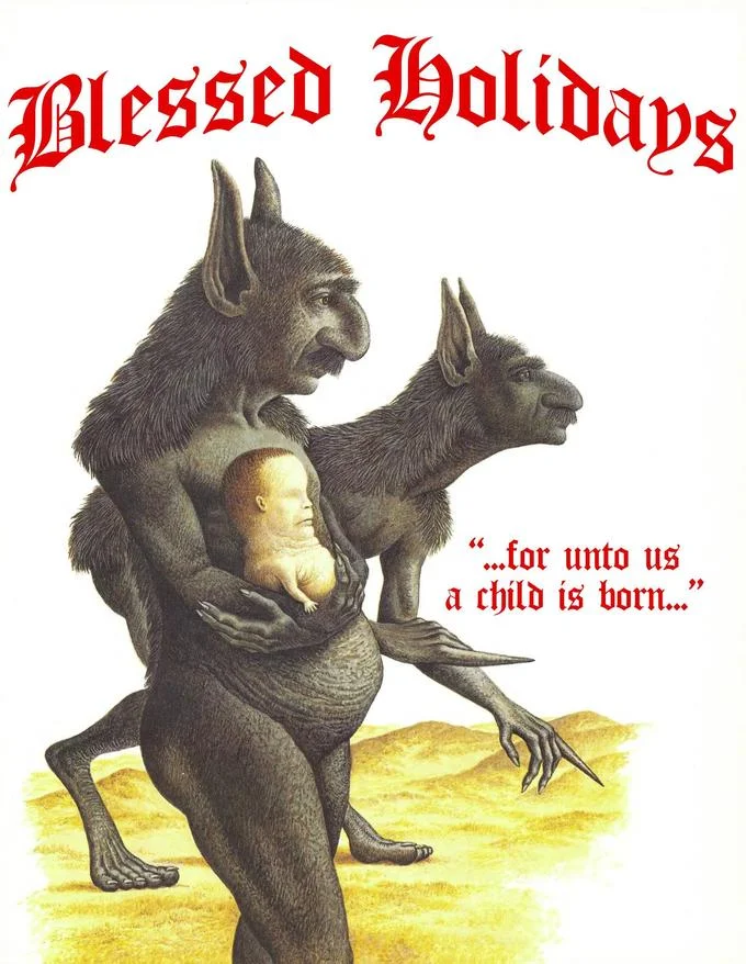 Season's Greetings — Wayne Barlowe style demon with two heads cradling a baby under 'Blessed Holidays' text
