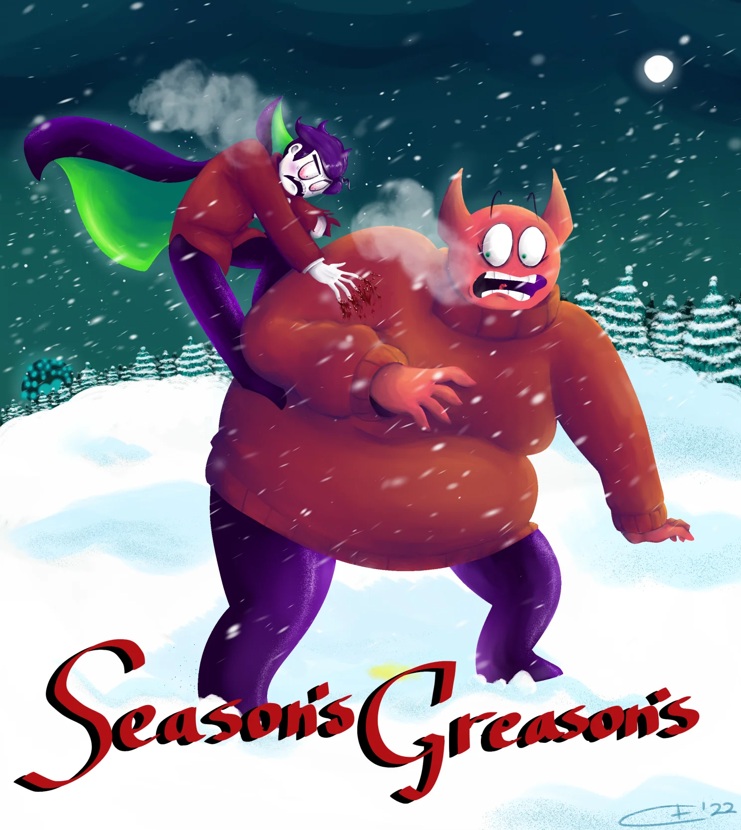 Season's Greetings — Cartoon purple-caped villain clawing a round red horned creature in snow with 'Season's Greason's' text