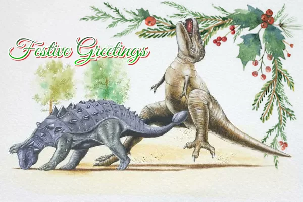 Season's Greetings — Watercolor dinosaur Christmas card with ankylosaur attacking a T-rex under 'Festive Greetings' text