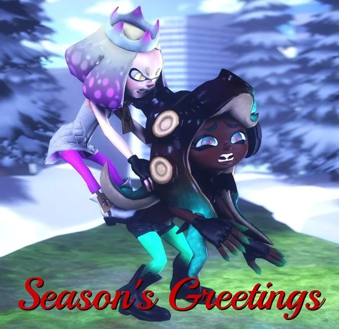Splatoon characters Pearl and Marina posed as the Season's Greetings yeti and ape in snow