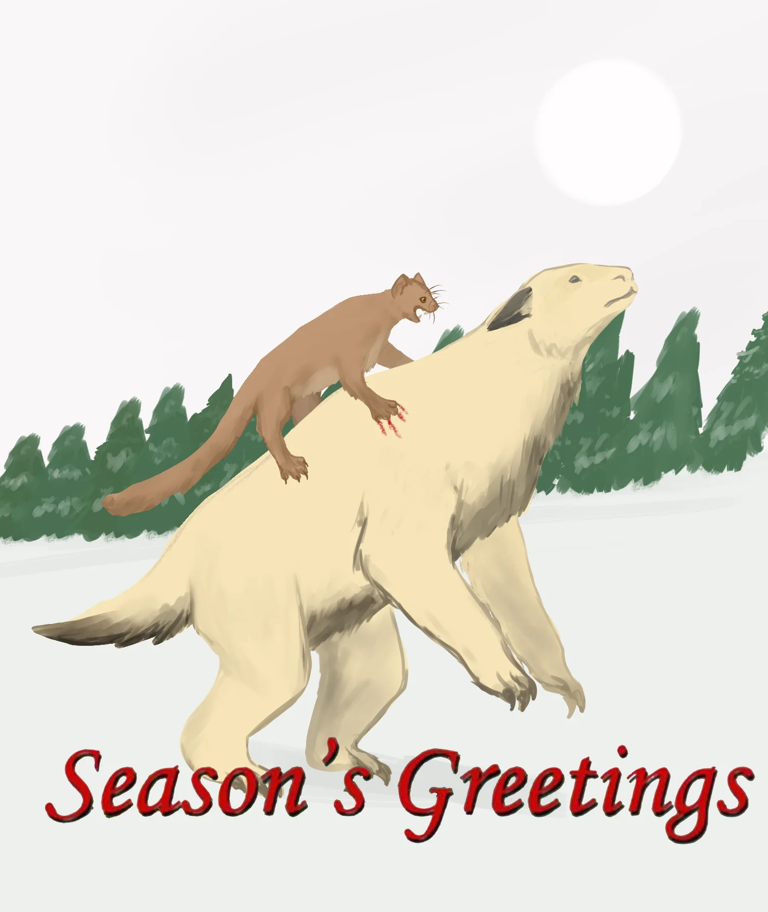 Weasel clinging to large pale bear-like beast in snow with 'Season's Greetings' text