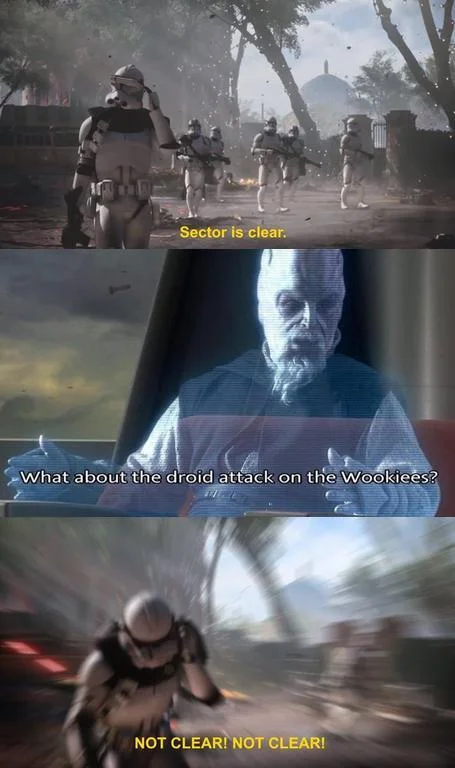 Sector is clear meme with Palpatine asking about droid attack on the Wookiees