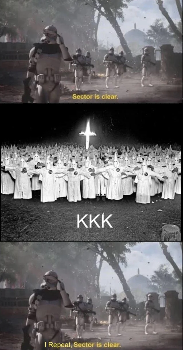Sector is clear meme with middle panel showing a KKK gathering