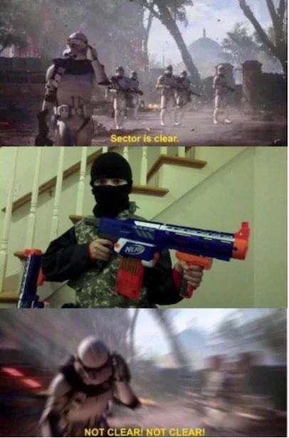 Sector is clear meme with masked child holding blue Nerf gun