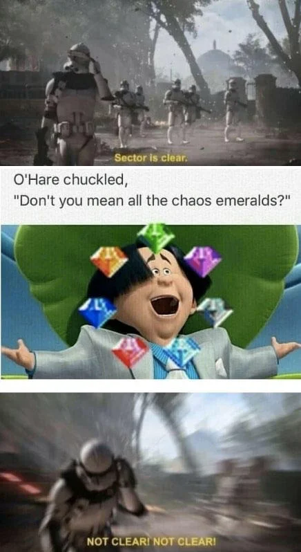 Sector is clear meme mixed with O'Hare from The Lorax and Sonic Chaos Emeralds