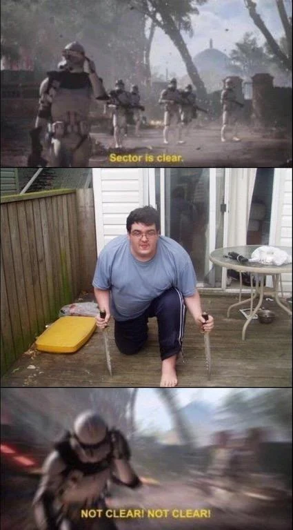 Sector is clear meme paired with man crouching on porch with knives