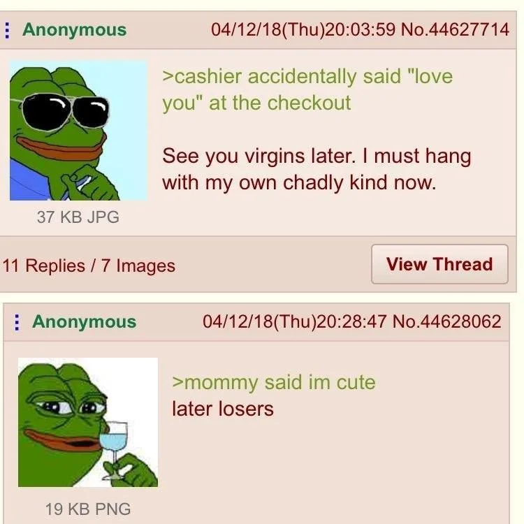 See You Later Virgins — Two stacked 4chan greentext posts with Sunglasses Pepe and Smug Pepe using 'later virgins/losers' variants